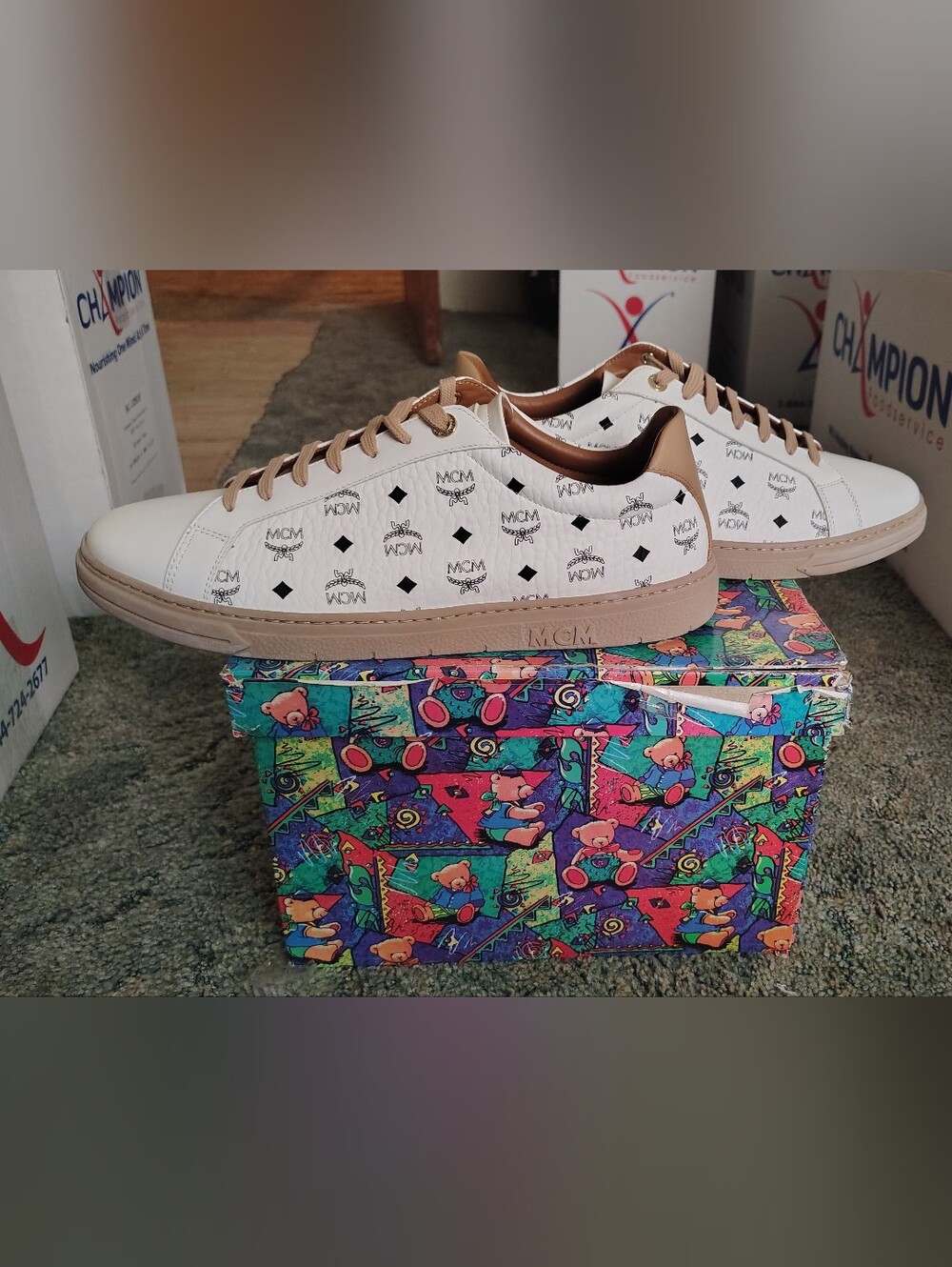 MCM White & Tan Logo Low-Top Kids Sneakers